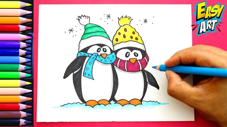 Como Dibujar PINGÜINO de Navidad - How to draw Christmas penguins Coloring book  Easy art