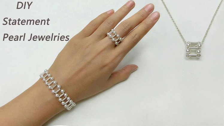 DIY Beading Statement Pearl Jewelries. How to Make Pearl and Silver Bracelet, Ring and Pendant