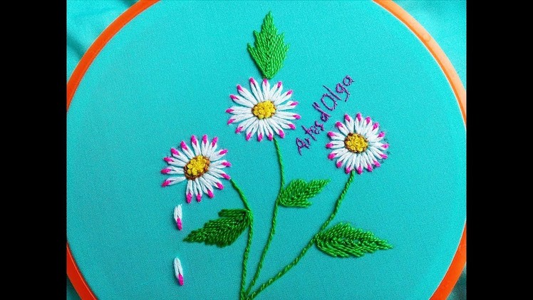 Double Color Thread Daisy Flowers with Lazy Daisy Stitch|Margaritas en Puntada Margarita Doble Color