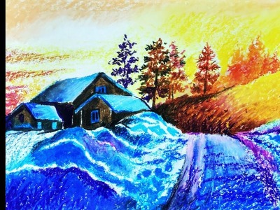 Easy landscape drawing for beginners - Winter season - Oil pastel drawing