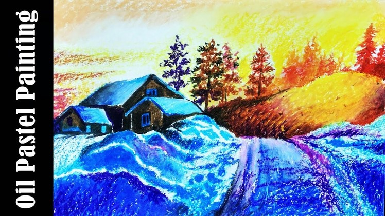 Easy landscape drawing for beginners - Winter season - Oil pastel drawing