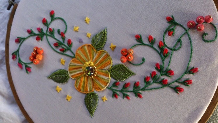 Hand embroidery . Satin stitch flower and Stump work without beads.(thread beads)