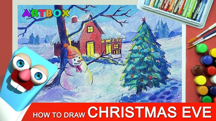 How to Draw Christmas Eve scenery with Snowman for Kids