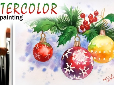 How to paint CHRISTMAS & HOLLY leaves with decor!Paint with Watercolor! Tutorial for Beginners! EASY