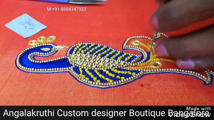 Peacock Hand Embroidery Blouse designs by Angalakruthi boutique Bangalore Watsapp:8884347333