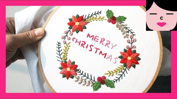 Poinsettia Christmas wreath hand embroidery