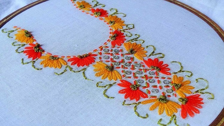 Hand embroidery| lazy daisy stitch Neck design for dresses and blouses