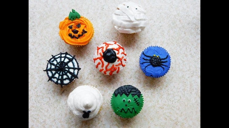 Halloween Cupcakes: Mummy, Pumpkin, Eye, Frankenstein, etc
