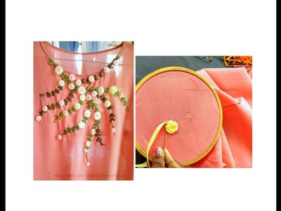 Satin ribbon rose designing on  Churidar. Kurti | Hand Embroidery stitches