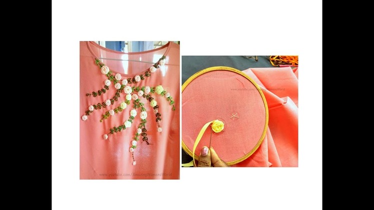 Satin ribbon rose designing on  Churidar. Kurti | Hand Embroidery stitches