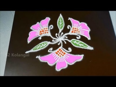 Simple flower kolam with 7 to 4 Interlaced dots- flower muggulu designs- flower rangoli designs