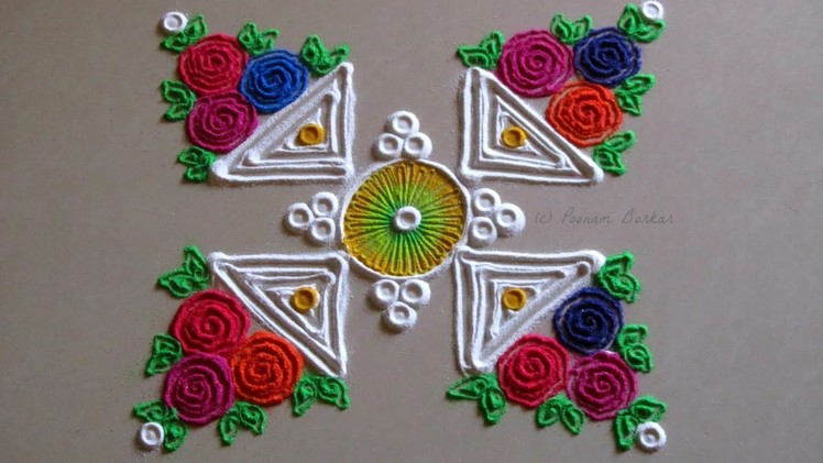 Small, easy and quick rangoli design | Innovative multicolored roses rangoli by Poonam Borkar