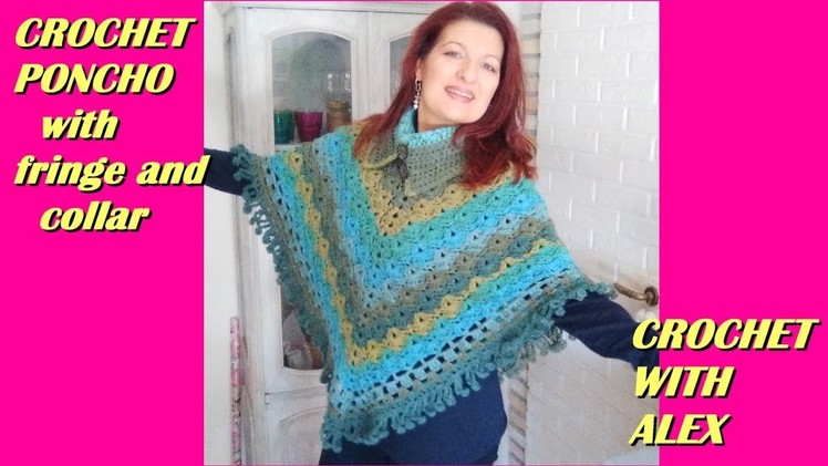 CROCHET PONCHO WITH COLLAR AND FRINGE tutorial any yarn hook size