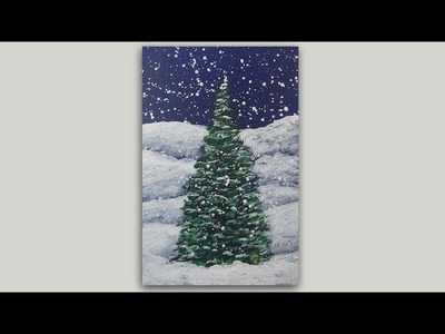 Winter Pine Tree Acrylic Painting - One Brush Painting