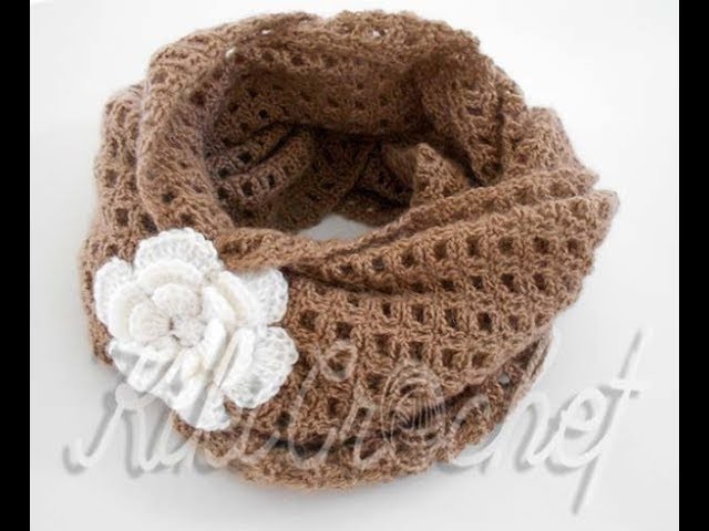 Crochet Vintage Lacy Infinity Scarf with Flower