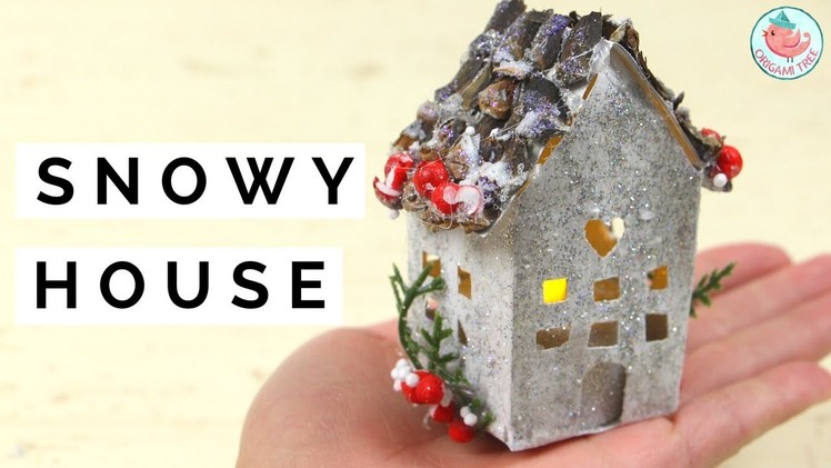 DIY Glitter House Ornament - Mini Christmas Village House with Snow, Pine Cone Rooftop, & Candle!