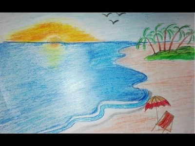 How To Draw A Scenery of Sea Beach || Draw Beach Scenery For Kids (Very EASY)