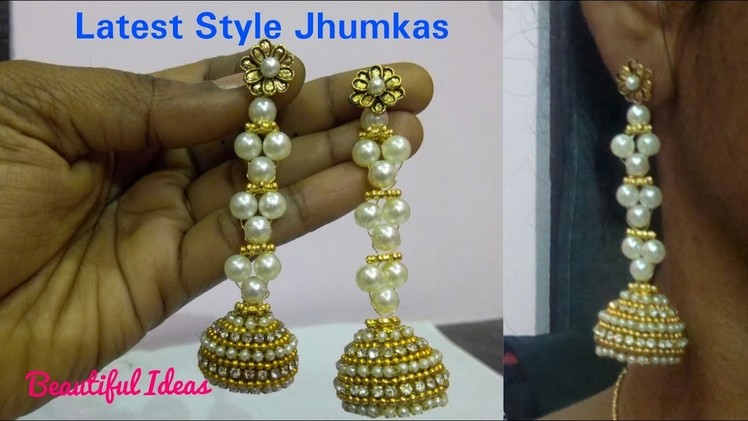 How to Make Silk thread Latest Style Jhumkas Design.Pearl Designer Jhumkas.DIY.Silk thread Designer