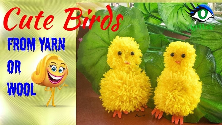 Cute pom-pom Birds from Yarn.Wool. DIY pompom birds for home decoration. 