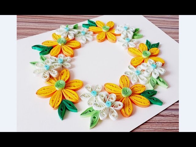 DIY Paper Quilling Flower Wreath.  Quilling greeting card. paper design