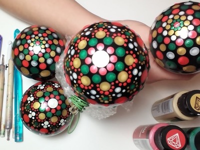 How To Paint Dot Mandalas 2 MORE Ornaments! Classic Christmas colors Red, Gold, Green, & White