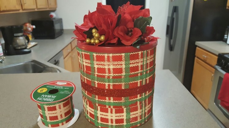 UPCYCLED COFFEE CAN USING DOLLAR TREE RIBBON | CHRISTMAS CRAFTS