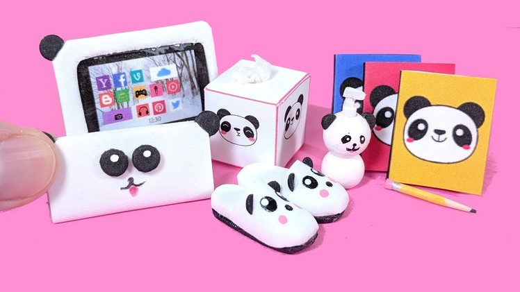 6 DIY Panda Miniatures -  Tablet Case, Pencil Case, Notebooks, Slippers, Soap Dispensers, & Tissue