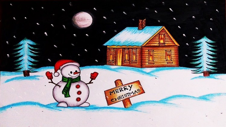 Christmas Drawings - How To Draw a Christmas Scene with snowman - Easy Christmas Drawing
