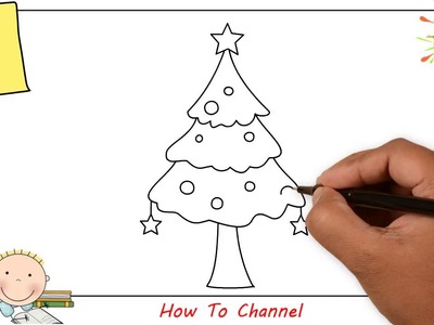 How to draw a christmas tree EASY step by step for kids, beginners, children