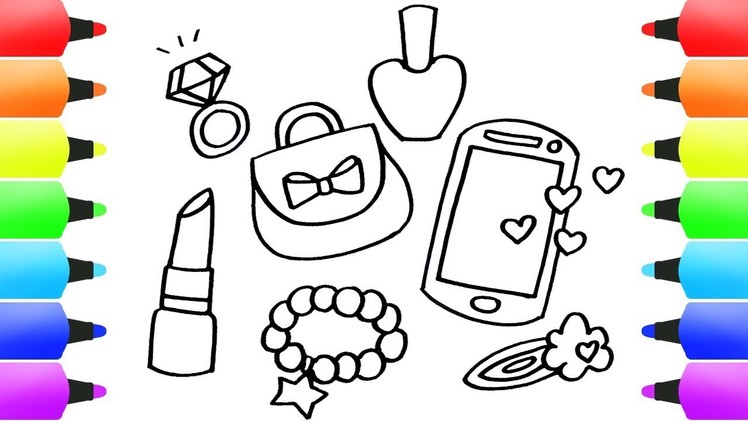 How to Draw Girl Stuff Easy! Bracelet, Lipstick, Pink Smartphone, Cute Bag, Diamond Ring & More!