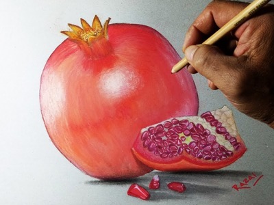 Realistic drawing : How to draw a pomegranate on paper, 3D drawing trick art