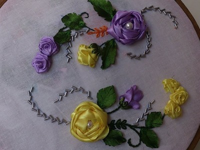 Ribbon embroidery stitches by hand tutorial. Ribbon rose embroidery designs for dresses.