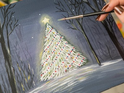 Christmas Tree in the Night forest - Acrylic painting. Homemade Illustrations (4k)