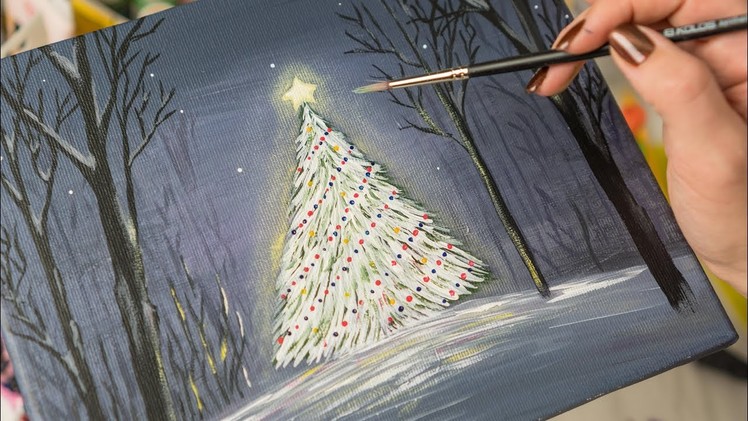 Christmas Tree in the Night forest - Acrylic painting. Homemade Illustrations (4k)