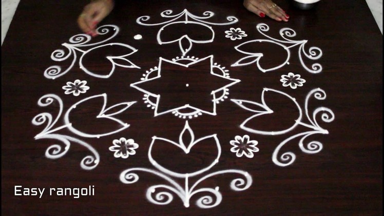 Deepam kolam designs with 11x6 dots - easy DIY rangoli arts step by step procedure - muggulu designs