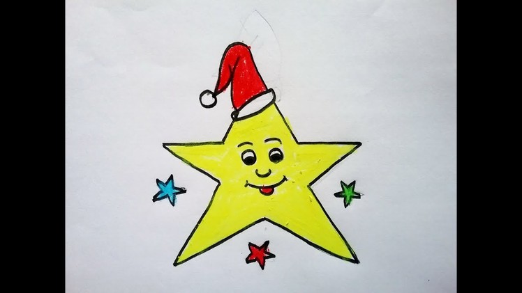How to draw a Christmas Star with Santa Cap. Easy Star drawing