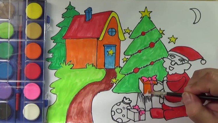 Coloring Santa Claus's House, Pine Tree, presents, and Teach Draw for Kids