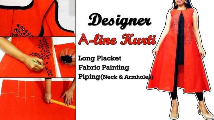 Designer A Line Kurti | Front Placket, Fabric Painting, Piping Neck & Armholes