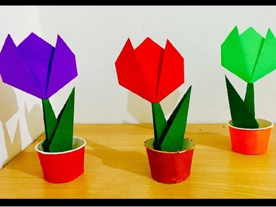 How to make origami Paper Tulip flowers | Flower bouquet for home decoration | Easy kids craft