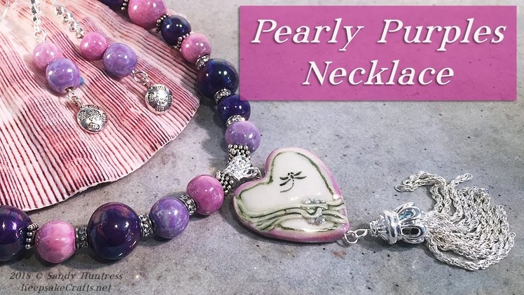 Pearly Purples Necklace & Earrings Ceramic Bead & Valentine Heart Jewelry Tutorial video