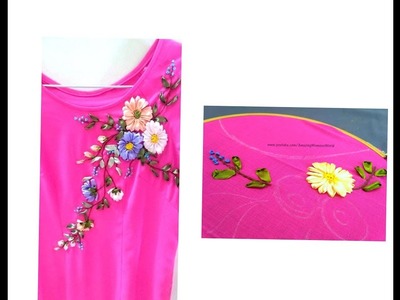 Satin ribbon flower designing on kurta. Dress - Hand Embroidery - Hand Stitches