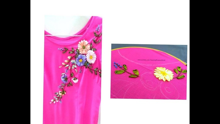 Satin ribbon flower designing on kurta. Dress - Hand Embroidery - Hand Stitches