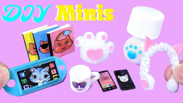 7 DIY  Kitty Cat Miniatures - Lamp, Cell Phone, Tablet, Ear Muffs, Pillow, Mug, & Books
