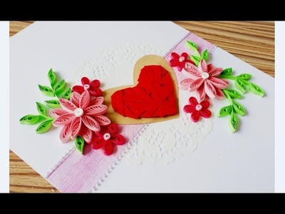 DIY Paper quilling Flower Card Design 36. Quilling flower heart. Valentine's Card