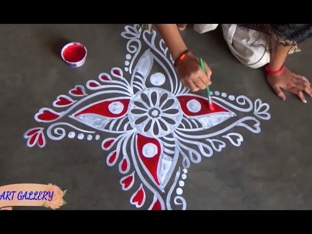 Easy freehand red white Rangoli design. Simple Beautiful kolam