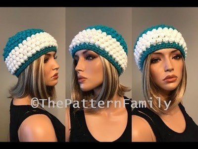 How To Crochet a Popcorn Bobble Stitch Beanie Hat Pattern #207│by ThePatternFamily