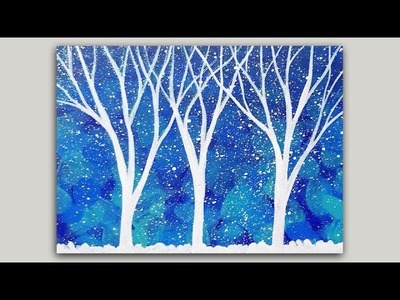 Miniature Acrylic Painting White Glittery Trees on Abstract Background (Made into Greeting Cards)