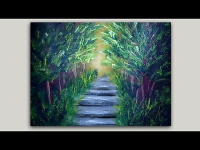 Sponge Painting a Tropical Forest Path with Acrylic Paint