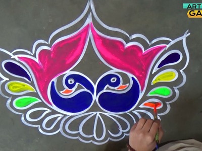 Unique peacock rangoli by 2 round. Easy & Beautiful twin Peacock Art with Round