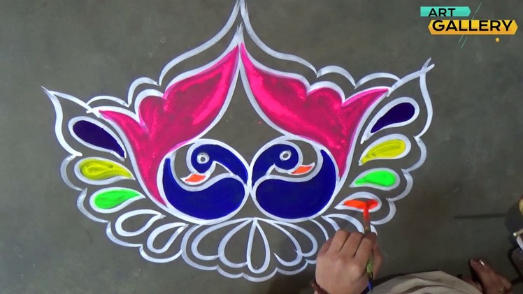 Unique peacock rangoli by 2 round. Easy & Beautiful twin Peacock Art with Round